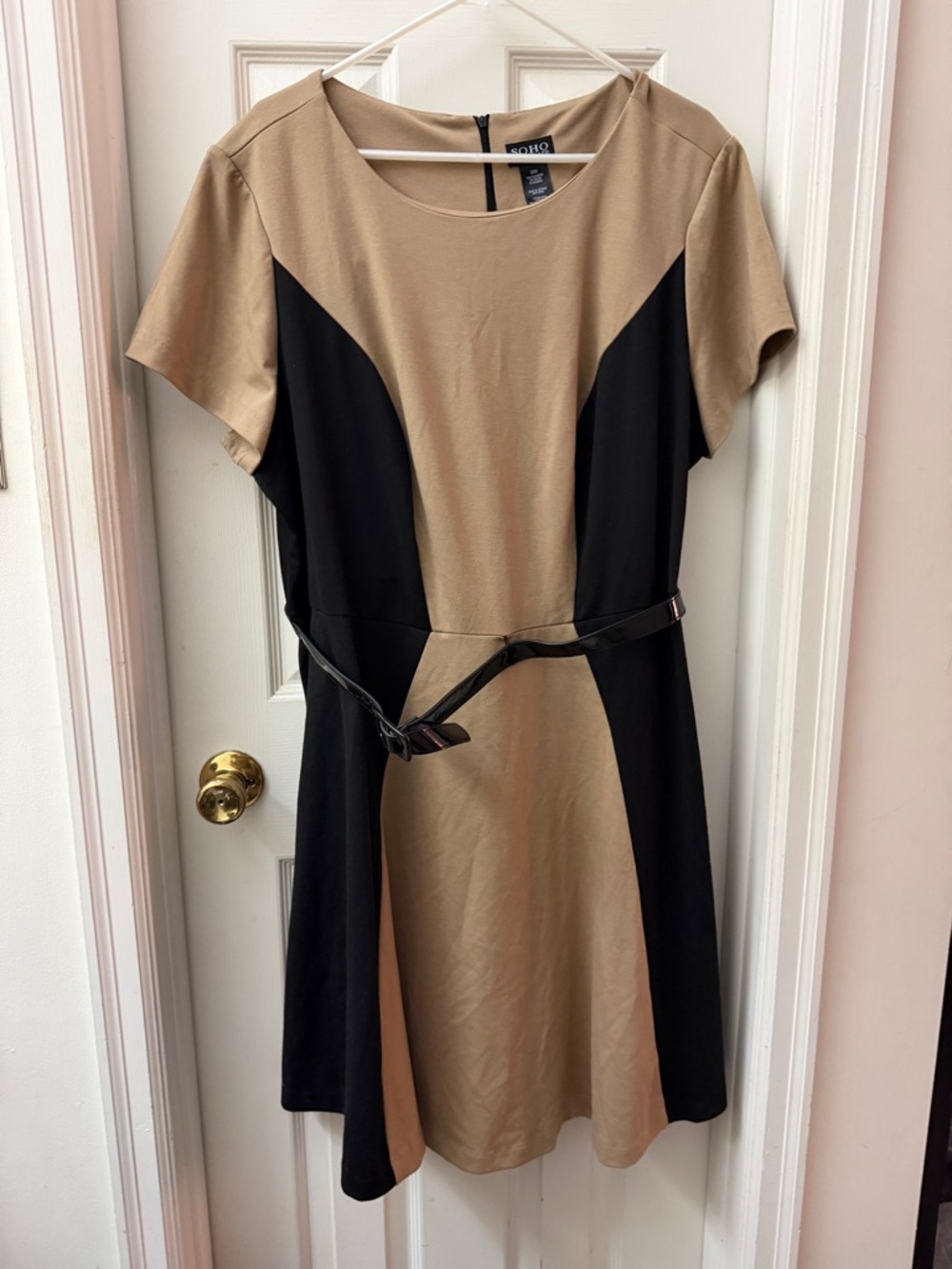 Soho Apparel Black and Tan Panel Belted Midi Dress